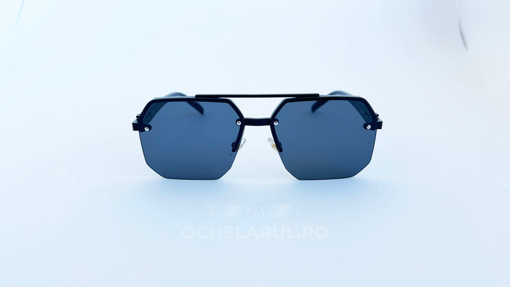 Ochelari de soare rectangulari semi-rim, rama neagra si lentile negre, vedere fata-aproape