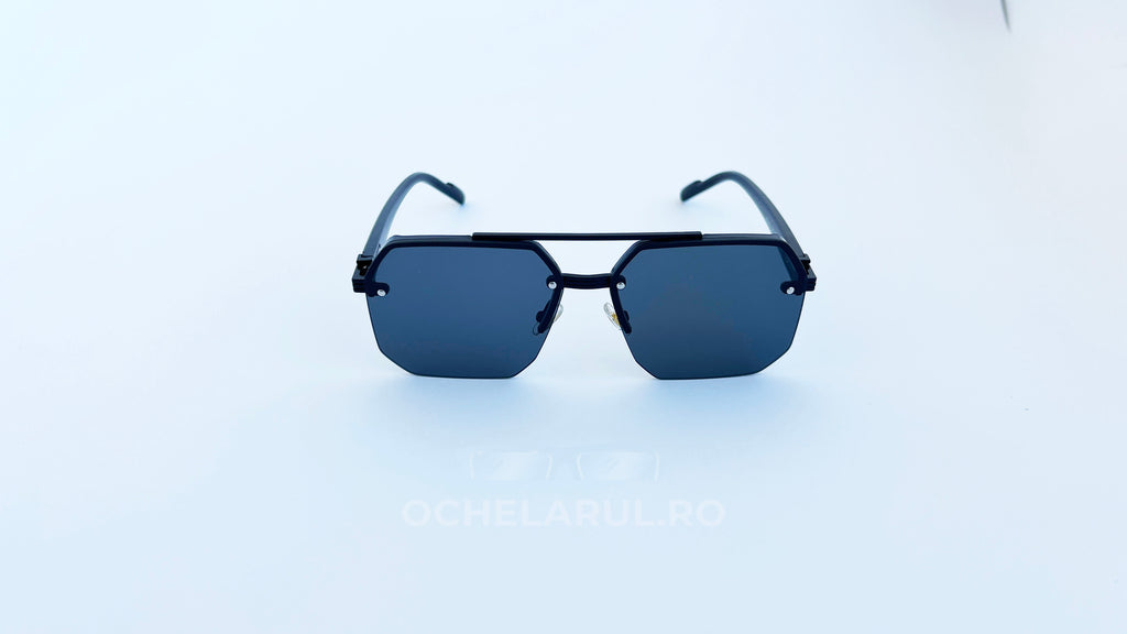 Ochelari de soare rectangulari semi-rim, rama neagra si lentile negre, vedere fata