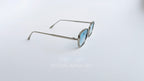 Ochelari de soare Retro Rectangulari cu rame subțiri argintii și lentile albastre degrade, stil elegant și modern.