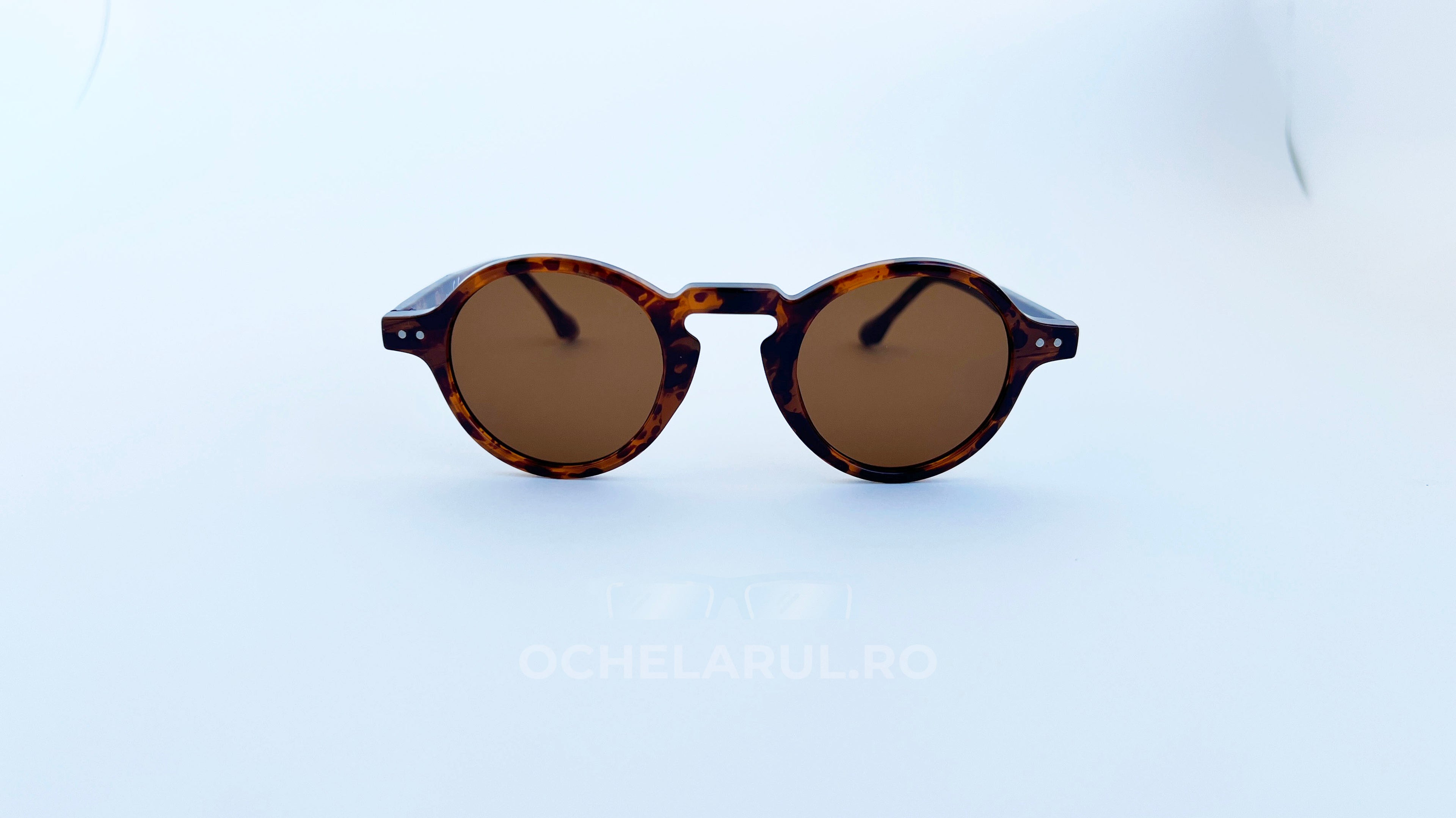 Ochelari de soare retro style, rama tortoise si lentile maro, vedere fata aproape