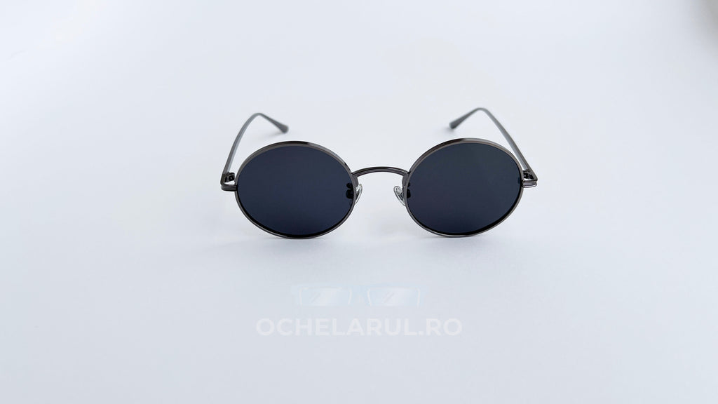 Ochelari de soare Rotunzi Polarizați cu rame gri și lentile negre, unisex, stil clasic și elegant pentru protecție solară.