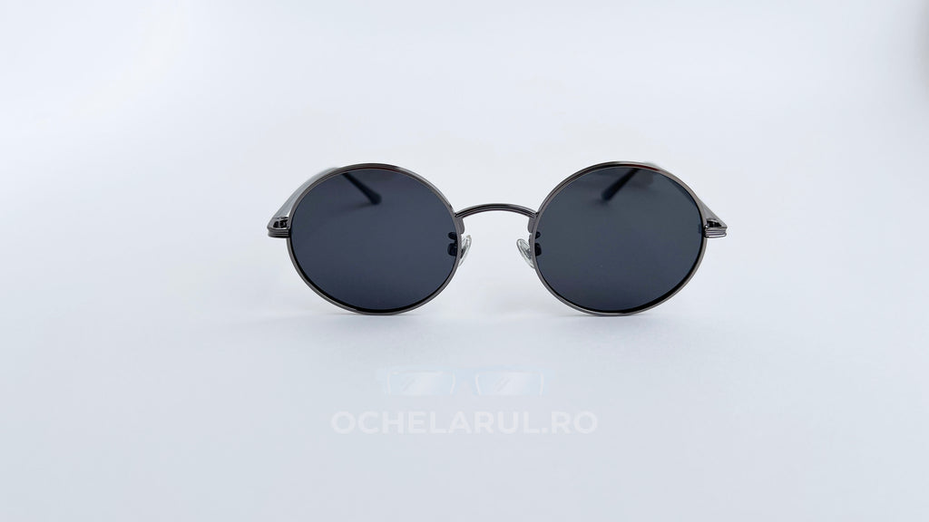 Ochelari de soare Rotunzi Polarizați cu lentile negre și rame gri, design modern și minimalist.