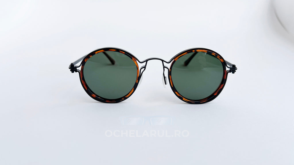 Ochelari de soare rotunzi retro polarizati, rama havana-negru si lentile verzi, vedere fata aproape