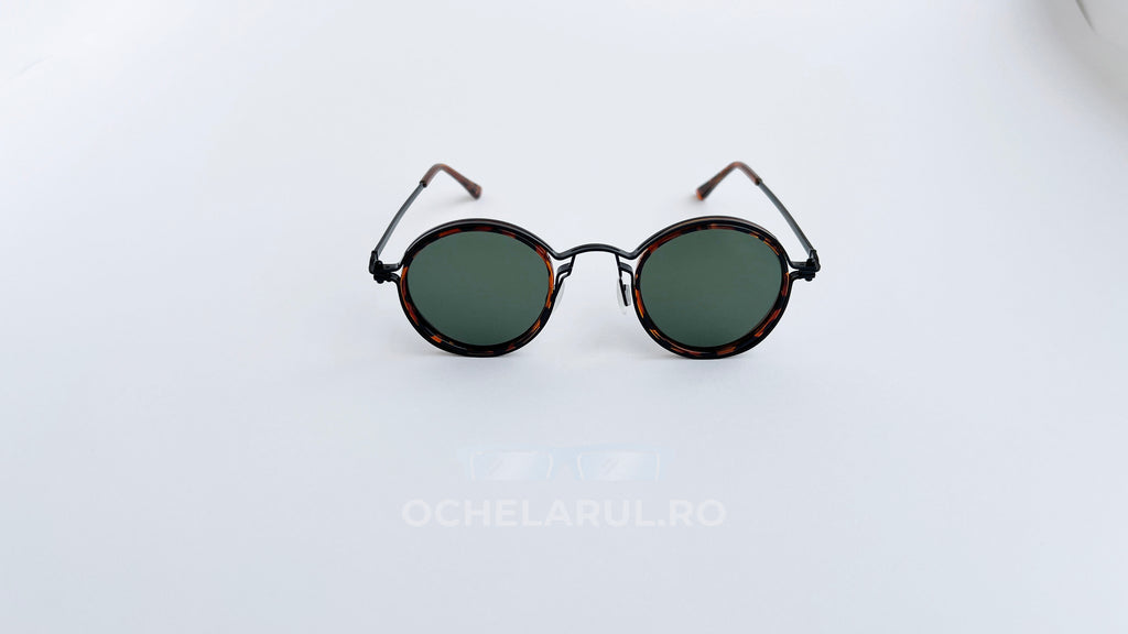 Ochelari de soare rotunzi retro polarizati, rama havana-negru si lentile verzi, vedere fata
