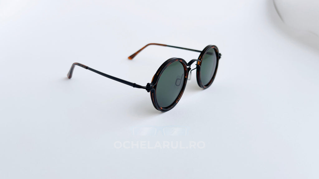 Ochelari de soare rotunzi retro polarizati, rama havana-negru si lentile verzi, prezentare
