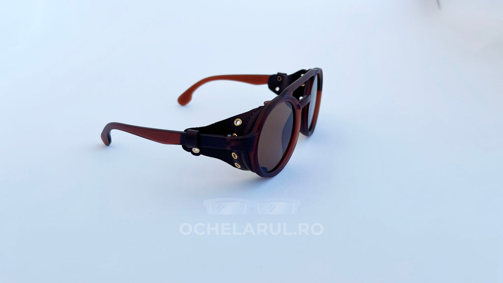 Ochelari de soare Steampunk Rotunzi cu rame maro din piele și lentile maro, design unisex pentru bărbați.