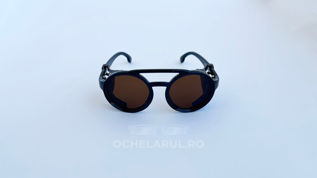 Ochelari de soare Steampunk Rotunzi cu rame negre și lentile maro, model unisex pentru protecție solară și stil distinctiv.