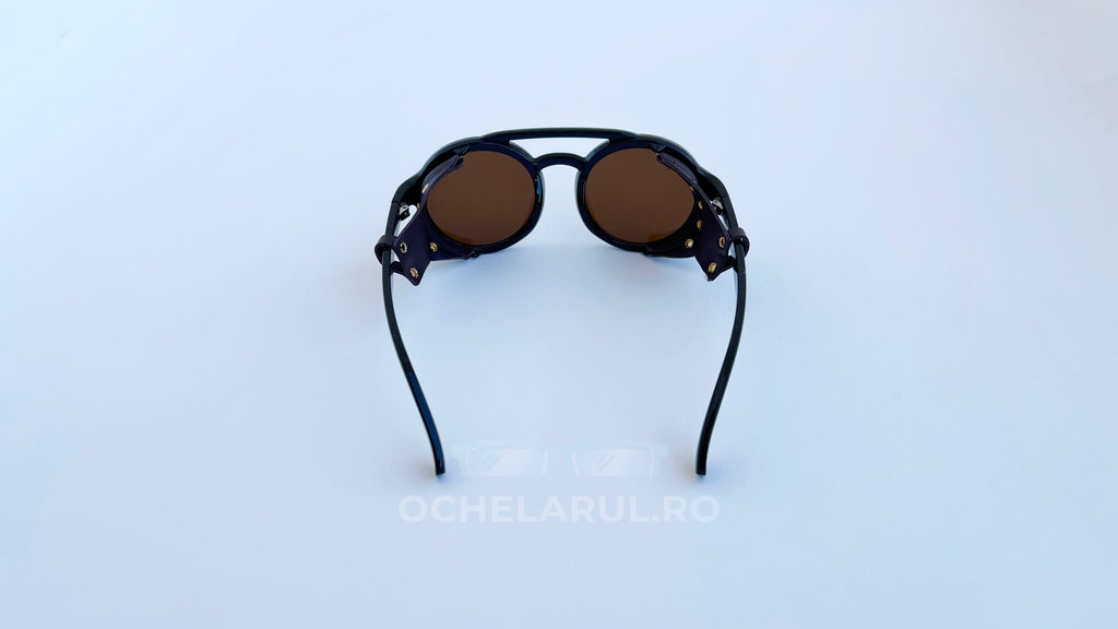 Ochelari de soare Steampunk Rotunzi cu rame negre și lentile maro, design unisex modern pentru bărbați.