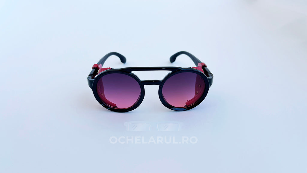 Ochelari de soare Steampunk Rotunzi cu rame negre și accente de piele, lentile degrade roșii pentru bărbați.
