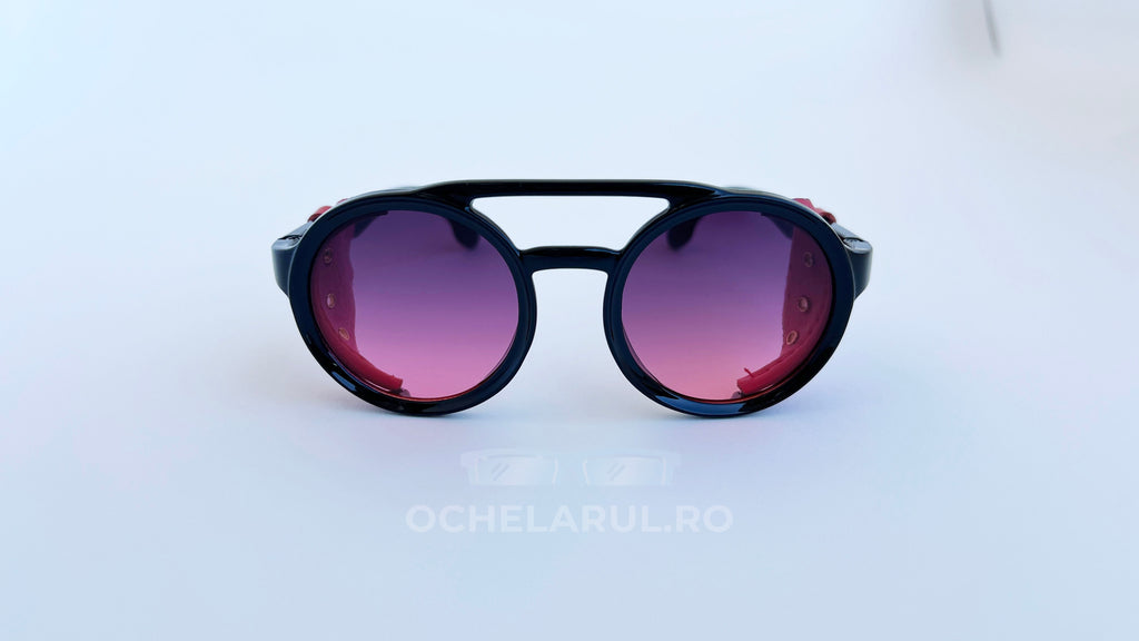 Ochelari de soare Steampunk Rotunzi cu rame negre și lentile degrade violet, stil masculin distinctiv.