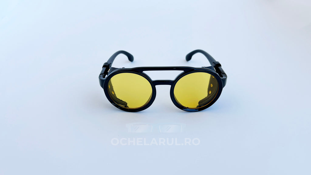 Ochelari de soare Steampunk Rotunzi cu rame negre și lentile galbene, design clasic pentru bărbați.