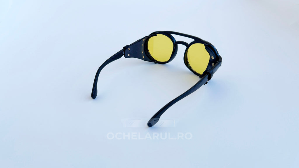 Ochelari de soare Steampunk Rotunzi cu lentile galbene și ramă neagră în stil vintage pentru bărbați