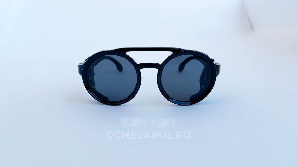 Ochelari de soare steampunk rotunzi cu rame negre și lentile întunecate, model unisex din colecția Ochelari de soare Steampunk Rotunzi.