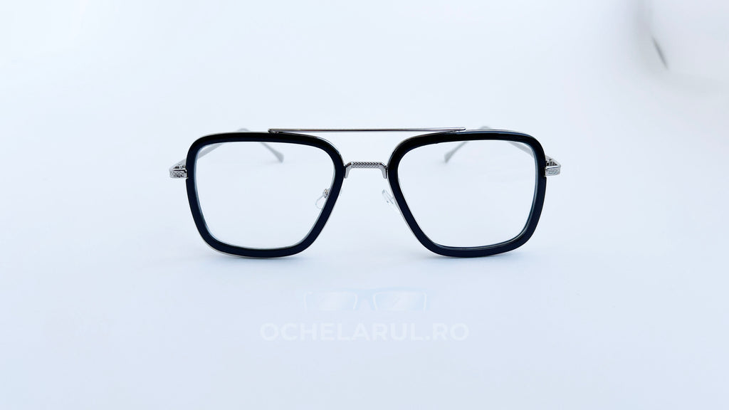 Ochelari Dita Flight Style - Rama argintie neagra, Lentile transparente - vedere fata aproape