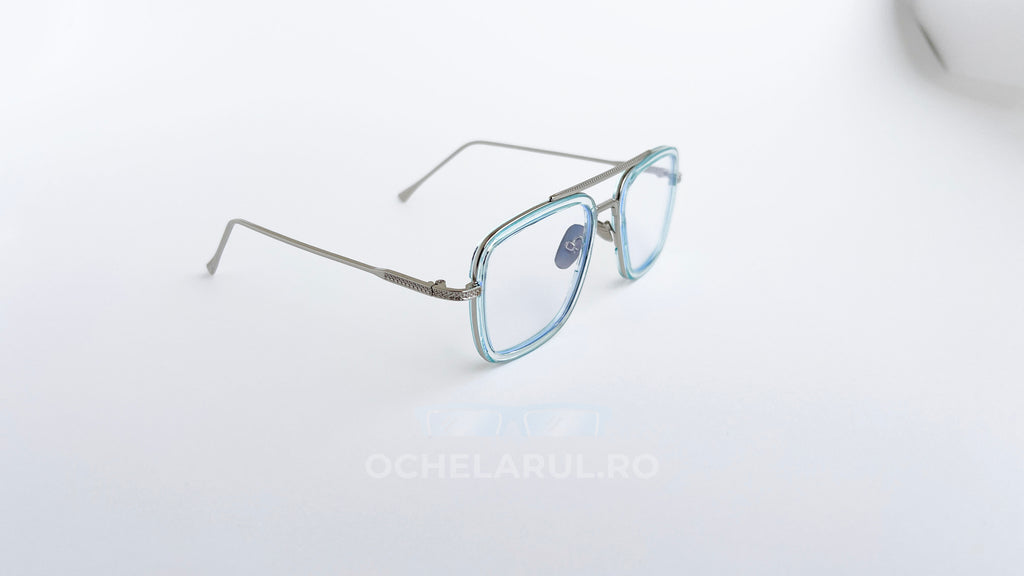 Ochelari Dita Flight dreptunghiulari, rama argintiu-verde si lentile transparente, prezentare