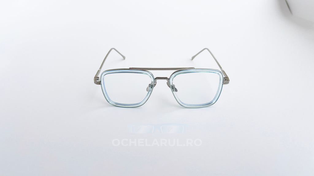 Ochelari Dita Flight dreptunghiulari, rama argintiu-verde si lentile transparente, vedere fata