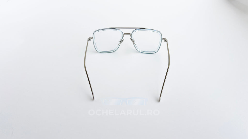 Ochelari Dita Flight dreptunghiulari, rama argintiu-verde si lentile transparente, vedere spate