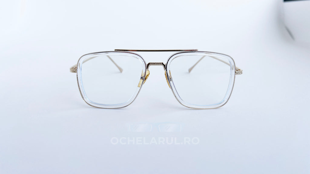 Ochelari Dita Flight Style cu rame aurii transparente și lentile clare, model elegant de ochelari de soare bărbați.