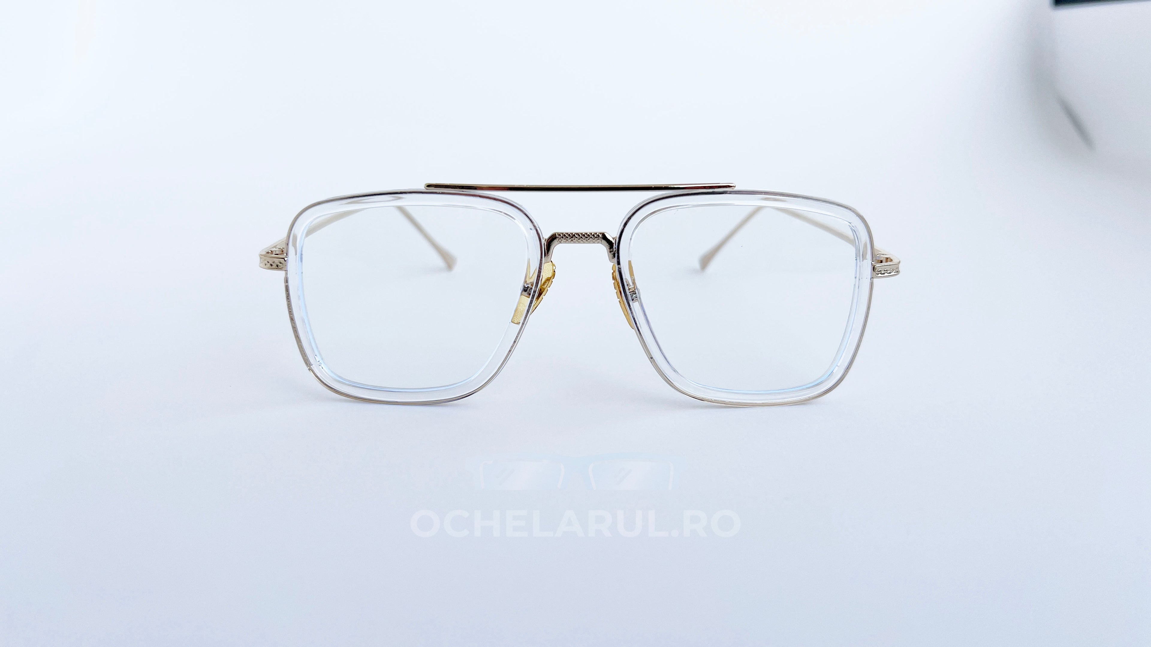Ochelari Dita Flight Style cu rame aurii transparente și lentile clare, model elegant de ochelari de soare bărbați.