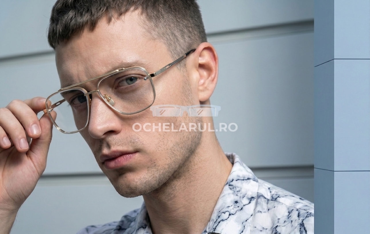 Bărbat purtând ochelari Dita Mach Six Style cu rama aurie și lentile transparente, ochelari bărbați de la ochelarul.ro.