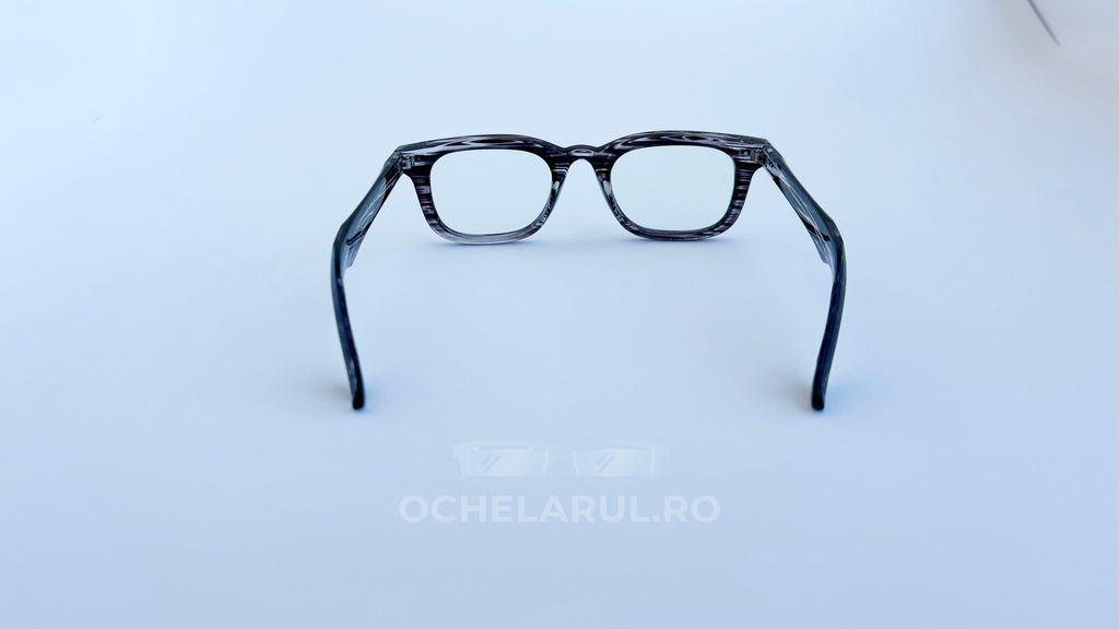 Rame ochelari Moscot Klutz Style cu model gri închis cu dungi, lentile transparente, unisex.