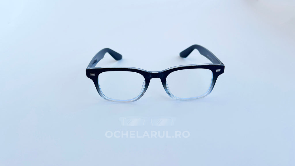 Rame ochelari Moscot Klutz Style cu design negru degrade și lentile transparente, elegant și modern.