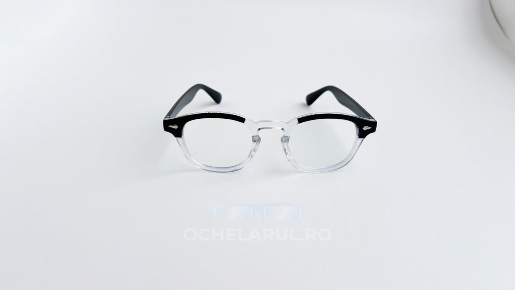 Rame ochelari Moscot Lemtosh Style cu rama negru transparent și lentile clare, design clasic și elegant.