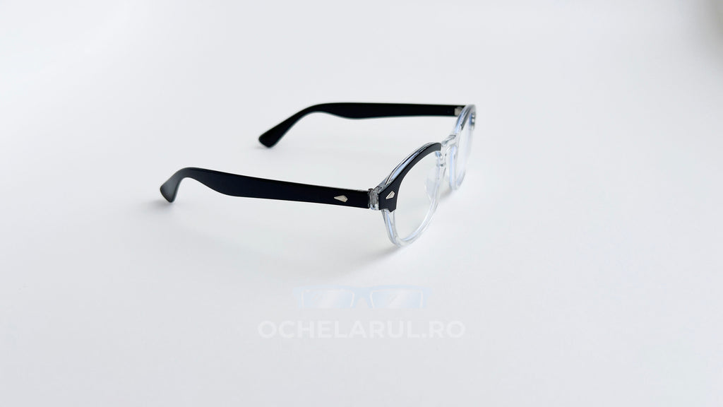 Rame ochelari Moscot Lemtosh Style cu lentile transparente și brațe negre, design clasic și elegant.