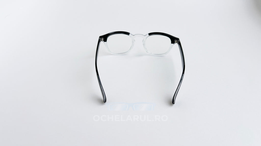 Rame ochelari Moscot Lemtosh Style cu cadrul negru transparent și lentile clare, design clasic și unisex.