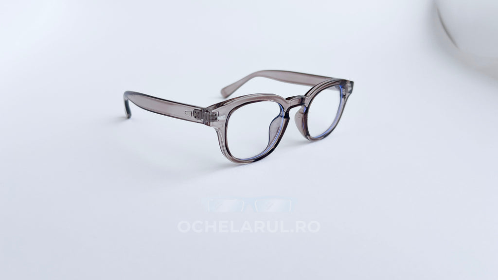 Rame ochelari Moscot Style transparente gri, model elegant de rame ochelari cu lentile transparente pe fundal alb simplu