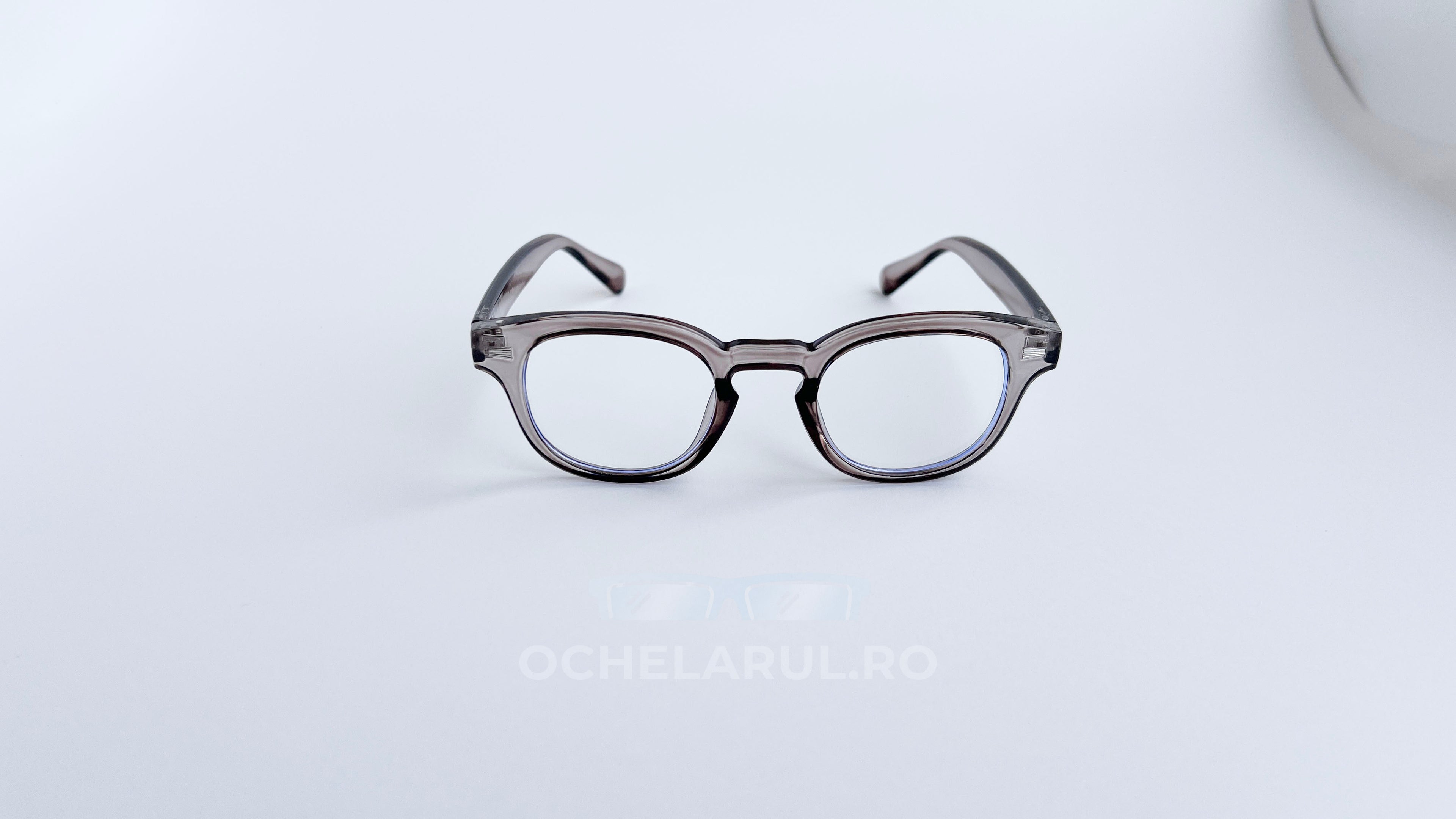 Rame ochelari Moscot Style cu aspect transparent gri, prezentate frontal pe fundal alb, lentile clare.