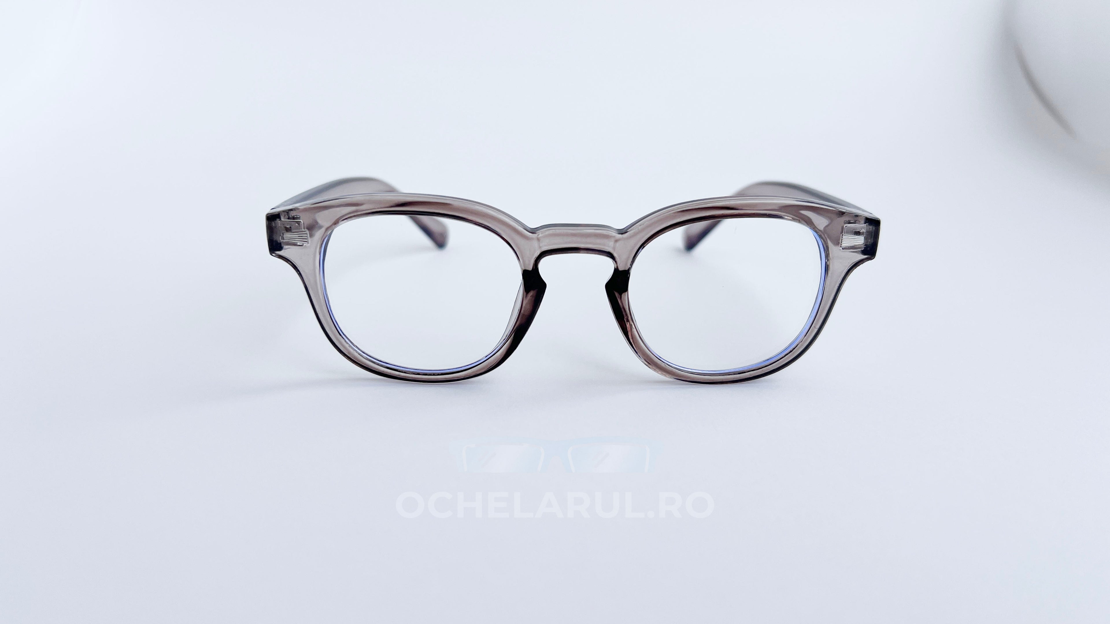 Rame ochelari Moscot Style gri transparent cu lentile clare, design elegant pentru ochelari de vedere.