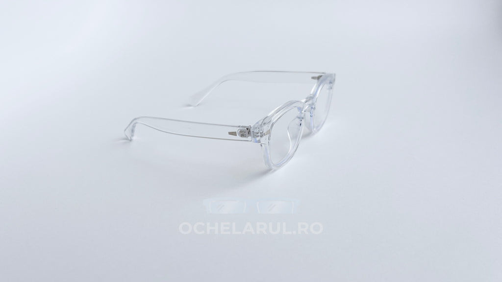 Rame ochelari Moscot Style transparente, cu design clasic și lentile transparente, pe fundal alb.