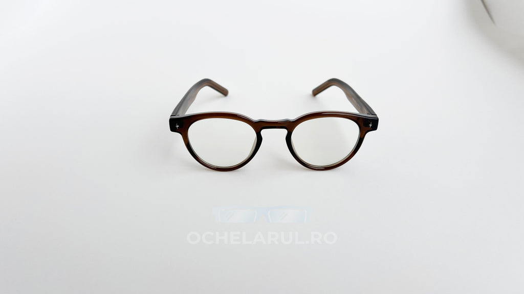 Rame ochelari Ovale Retro cu lentile transparente și cadru maro în stil vintage, stil clar și simplu.