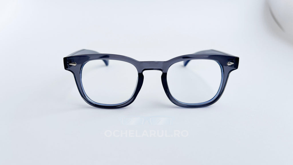 Rame ochelari Pătrate Moscot Style cu lentile transparente și ramă albastru închis, design clasic și elegant.