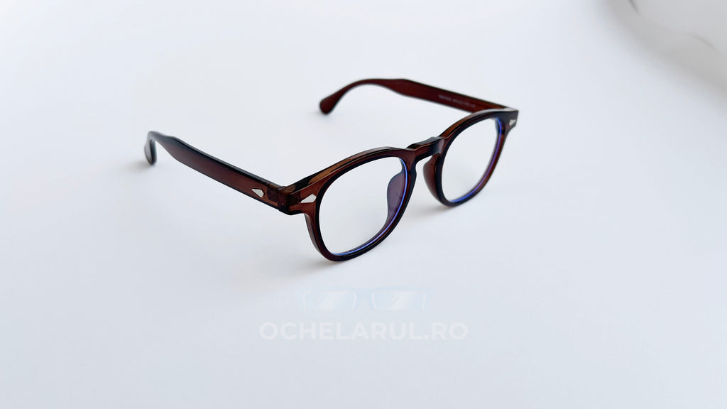 Rame ochelari Pătrate Moscot Style maro transparent, cu lentile clare și design clasic pentru bărbați.
