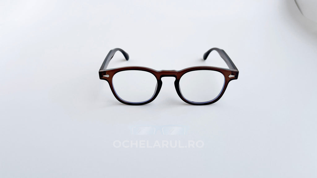 Rame ochelari Pătrate Moscot Style maro transparent, cu lentile clare și design clasic pentru ochelari de soare bărbați.