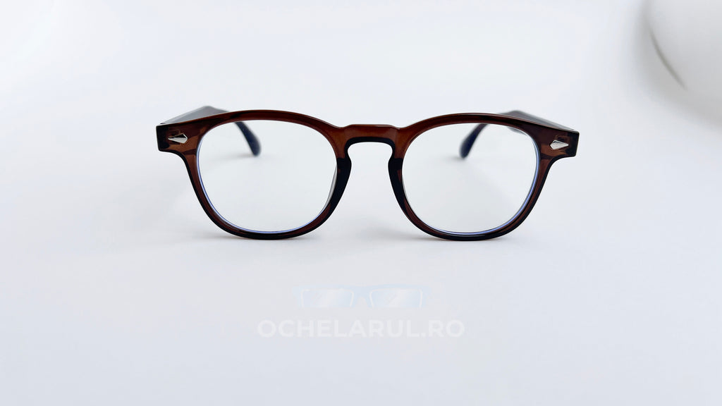 Rame ochelari Pătrate Moscot Style maro transparent, cu lentile clare, design elegant pentru un aspect clasic.