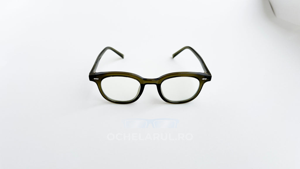 Rame ochelari Ovale Vintage în culoare verde închis cu lentile transparente, design clasic și elegant.