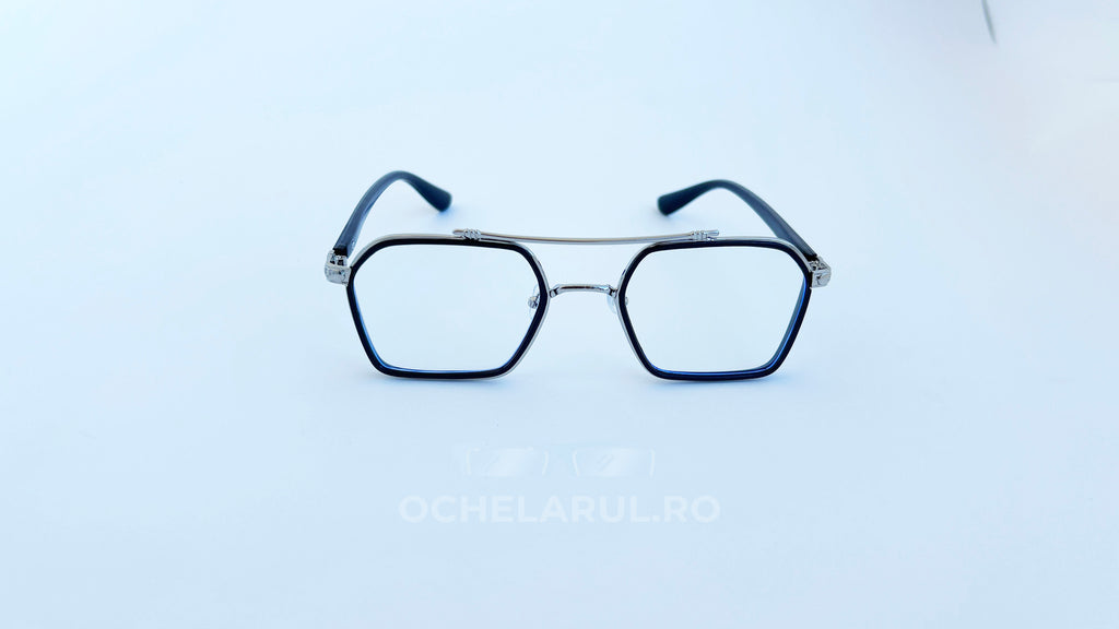 Rame ochelari cu punte dubla, rama argintie neagra si lentile transparente, vedere fata