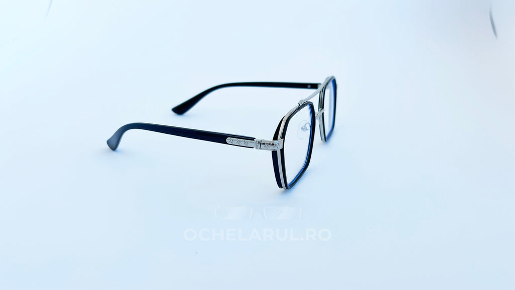 Rame ochelari cu punte dubla, rama argintie neagra si lentile transparente, vedere laterala
