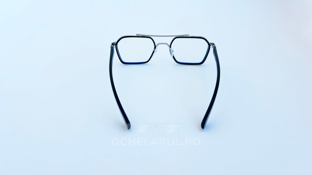 Rame ochelari cu punte dubla, rama argintie neagra si lentile transparente, vedere spate 