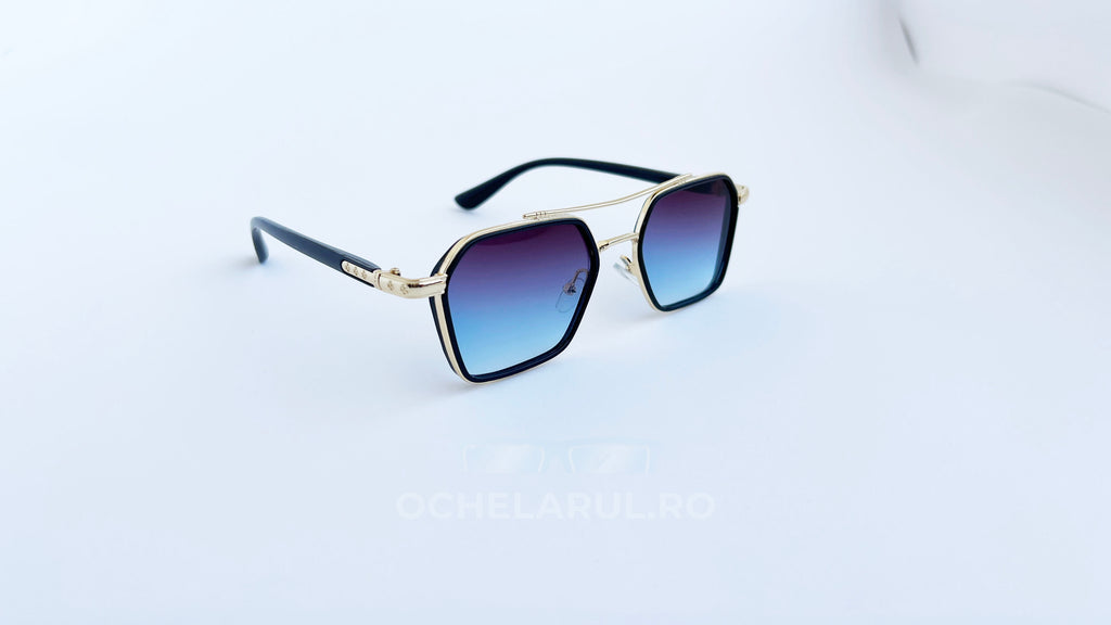 Ochelari cu Punte dublă cu rame aurii și negre, lentile degrade albastre, design modern și elegant pentru ochelari de soare bărbați.