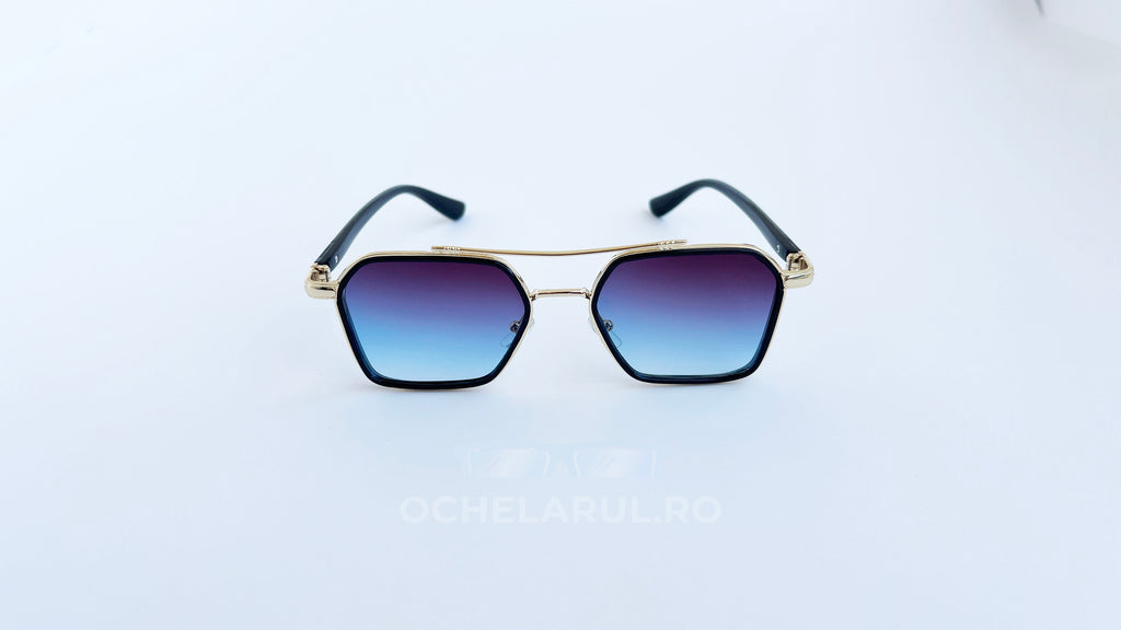 Ochelari cu Punte dublă cu rame aurii și negre și lentile degrade albastre, design modern unisex, perfecti pentru ochelari de soare bărbați stilati.