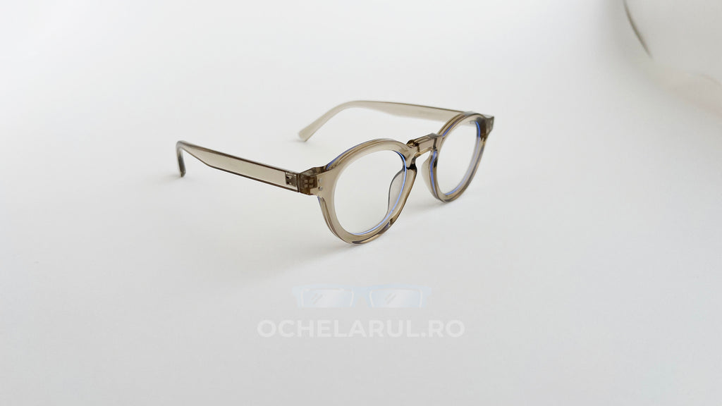 Rame Ochelari Rotunde Groase, culoare bej transparent, design retro cu lentile transparente, stil modern și elegant.