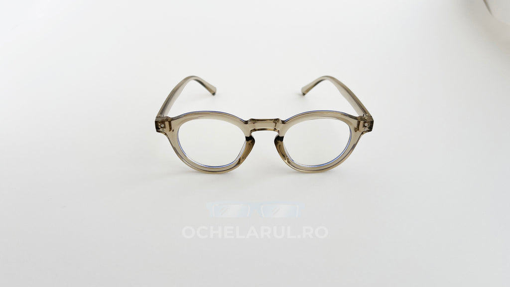 Rame Ochelari Rotunde Groase, transparente cu tentă bej, cu lentile clare, design retro minimalist.