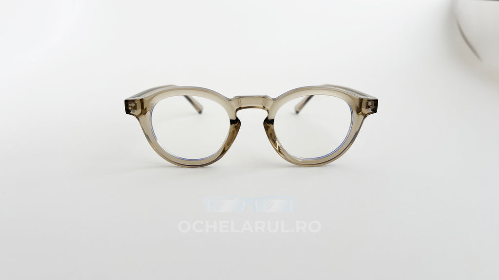 Rame Ochelari Rotunde Groase bej transparent cu lentile clare, design retro elegant pentru ochelari de soare și vedere.