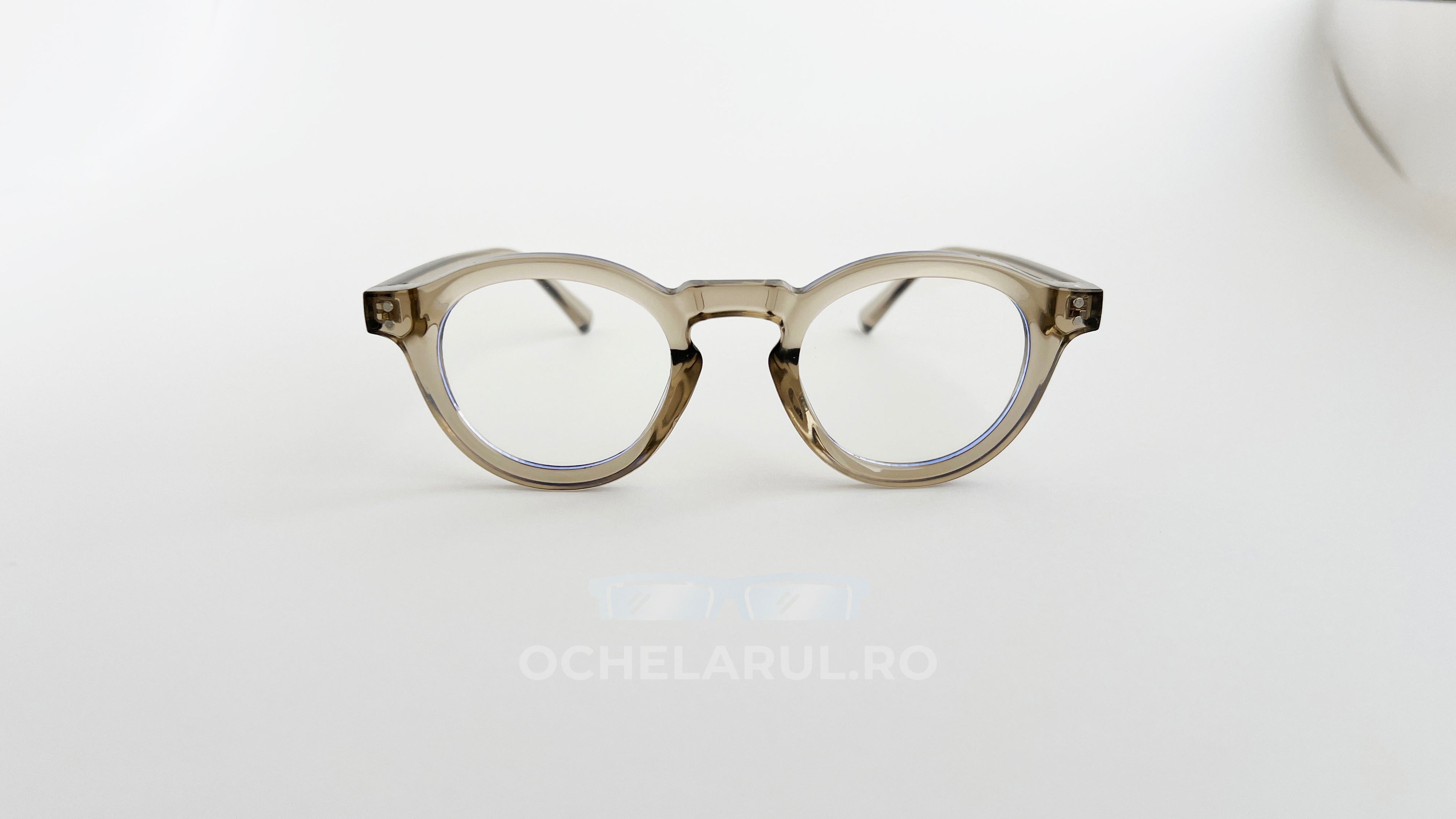 Rame Ochelari Rotunde Groase bej transparent cu lentile clare, design retro elegant pentru ochelari de soare și vedere.