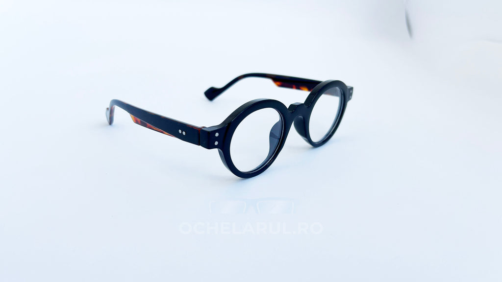 Rame ochelari rotunde retro style, rama neagra tortoise si lentile transparente, prezentare