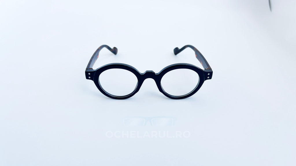 Rame ochelari rotunde retro style, rama neagra tortoise si lentile transparente, vedere fata